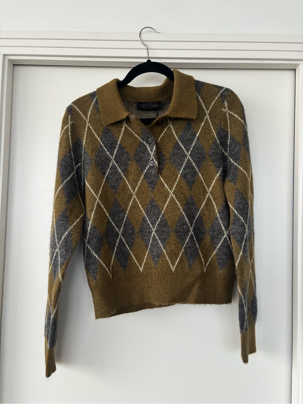 Zara Diamond Argyle Knit Polo Sweater Gray Green Size M NWT